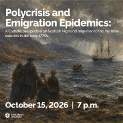 A gloomy painting of the Nova Scotia coastline with the event tile overlayed
