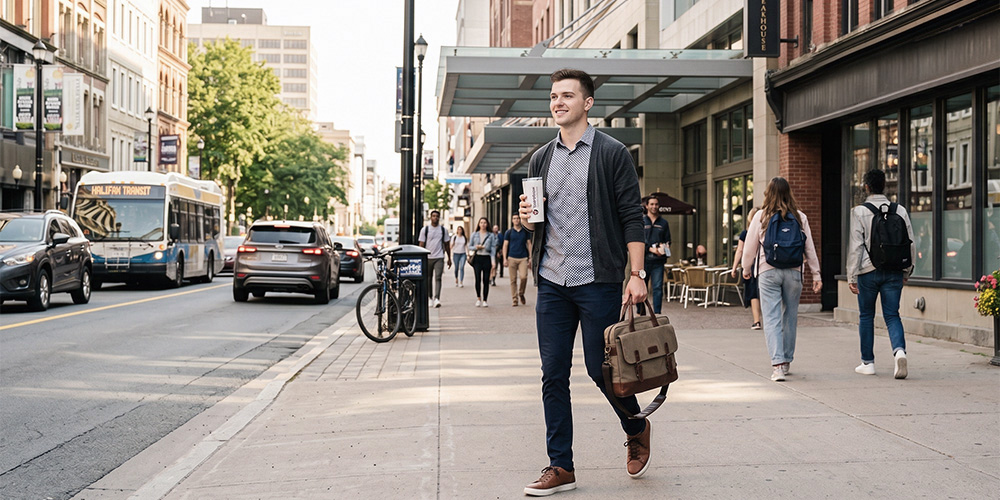 A young man walks down Barrington street with a coffee and a laptop case.